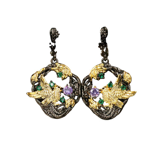 Black Gold Stud Earrings With Embedded Diamond